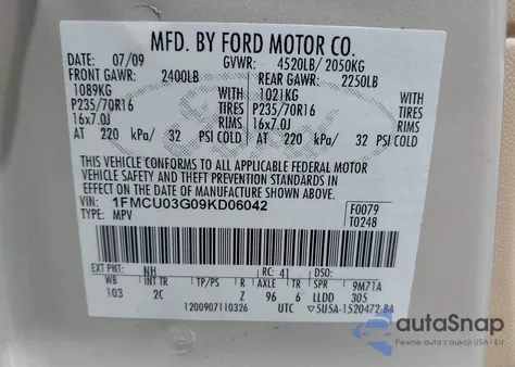 2009 Ford Escape Xlt from USA, damaged, VIN 1FMCU03G09KD06042
